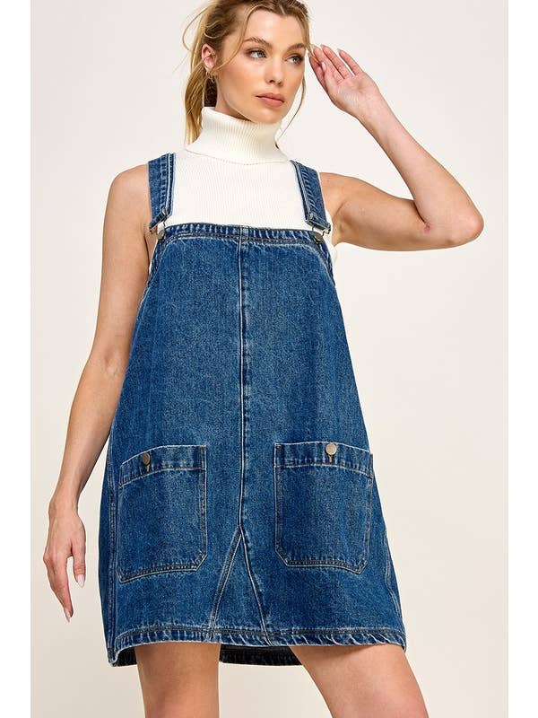 DENIM OVERALL SMOCK MINI DRESS DRESS -   