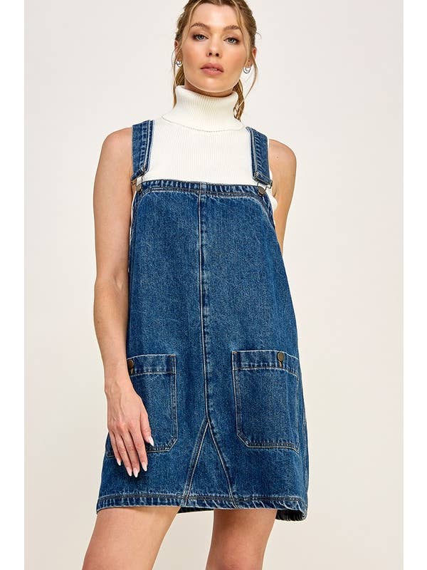 DENIM OVERALL SMOCK MINI DRESS DRESS -   