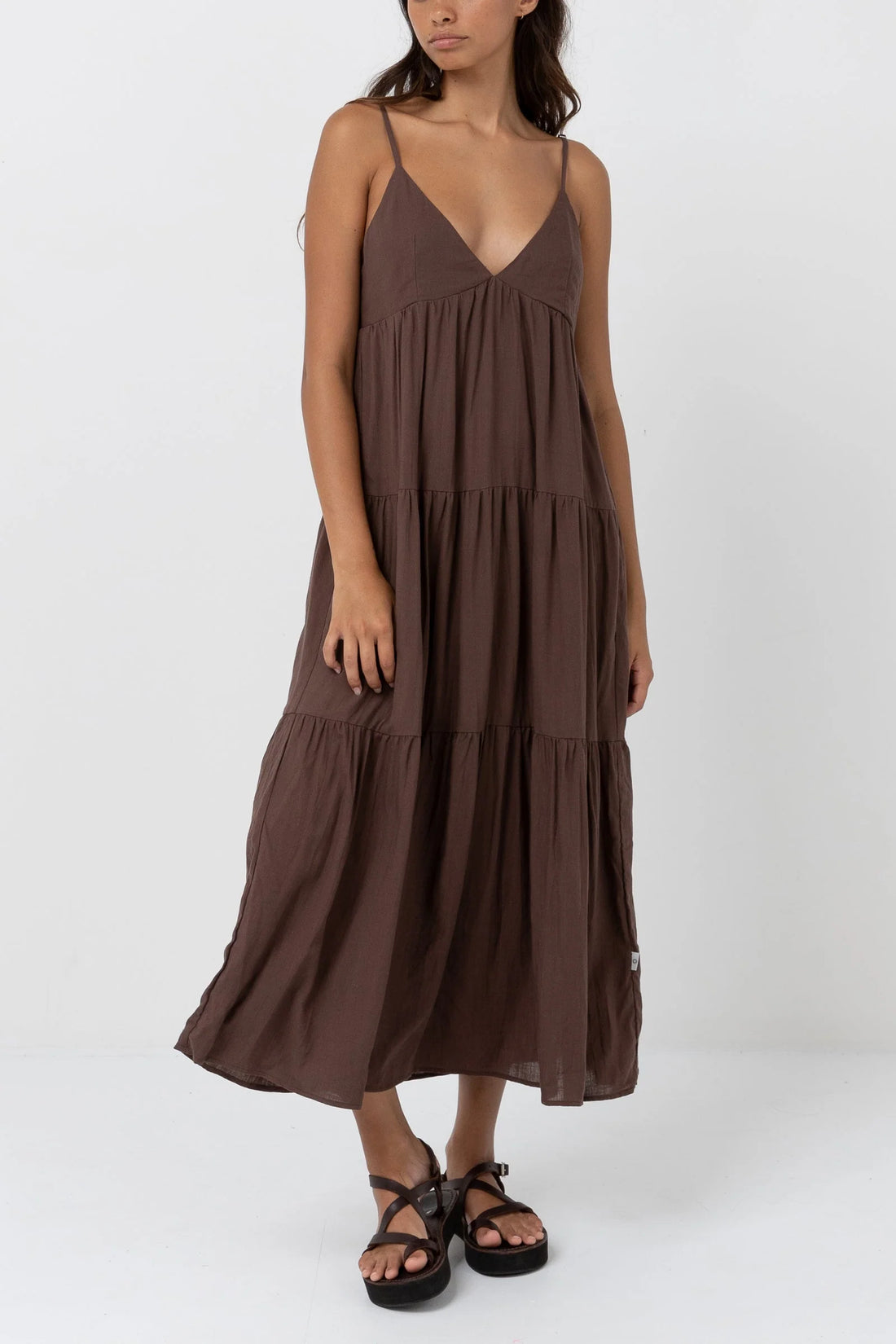 RHYTHM CLASSIC TIERED MIDI DRESS - CHOCOLATE DRESS RHYTHM   