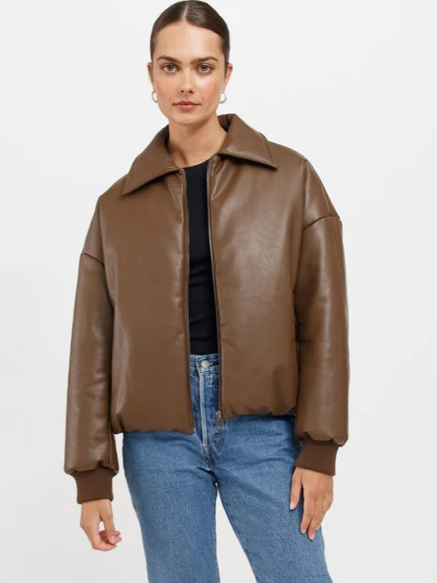 BRUNETTE THE LABEL MIRIAM VEGAN LEATHER BOMBER JACKET - CHOCOLATE BROWN JACKET BRUNETTE THE LABEL   