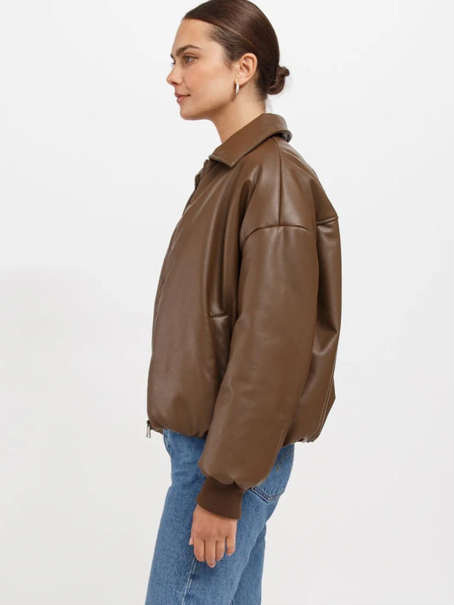 BRUNETTE THE LABEL MIRIAM VEGAN LEATHER BOMBER JACKET - CHOCOLATE BROWN JACKET BRUNETTE THE LABEL   