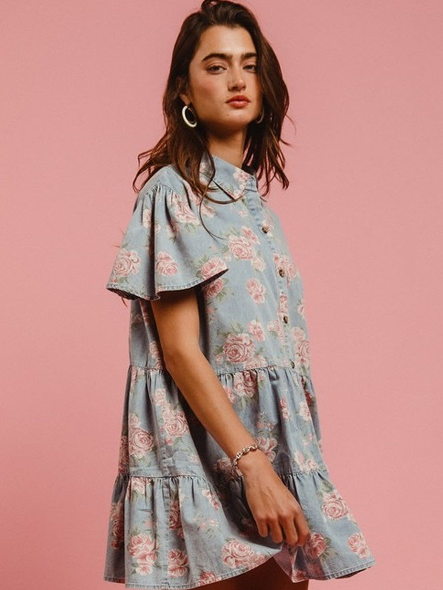 FLORAL PRINT LIGHTWEIGHT WASHED DENIM DRESS DRESS -