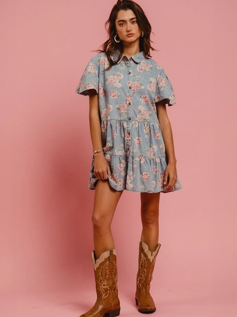 FLORAL PRINT LIGHTWEIGHT WASHED DENIM DRESS DRESS -