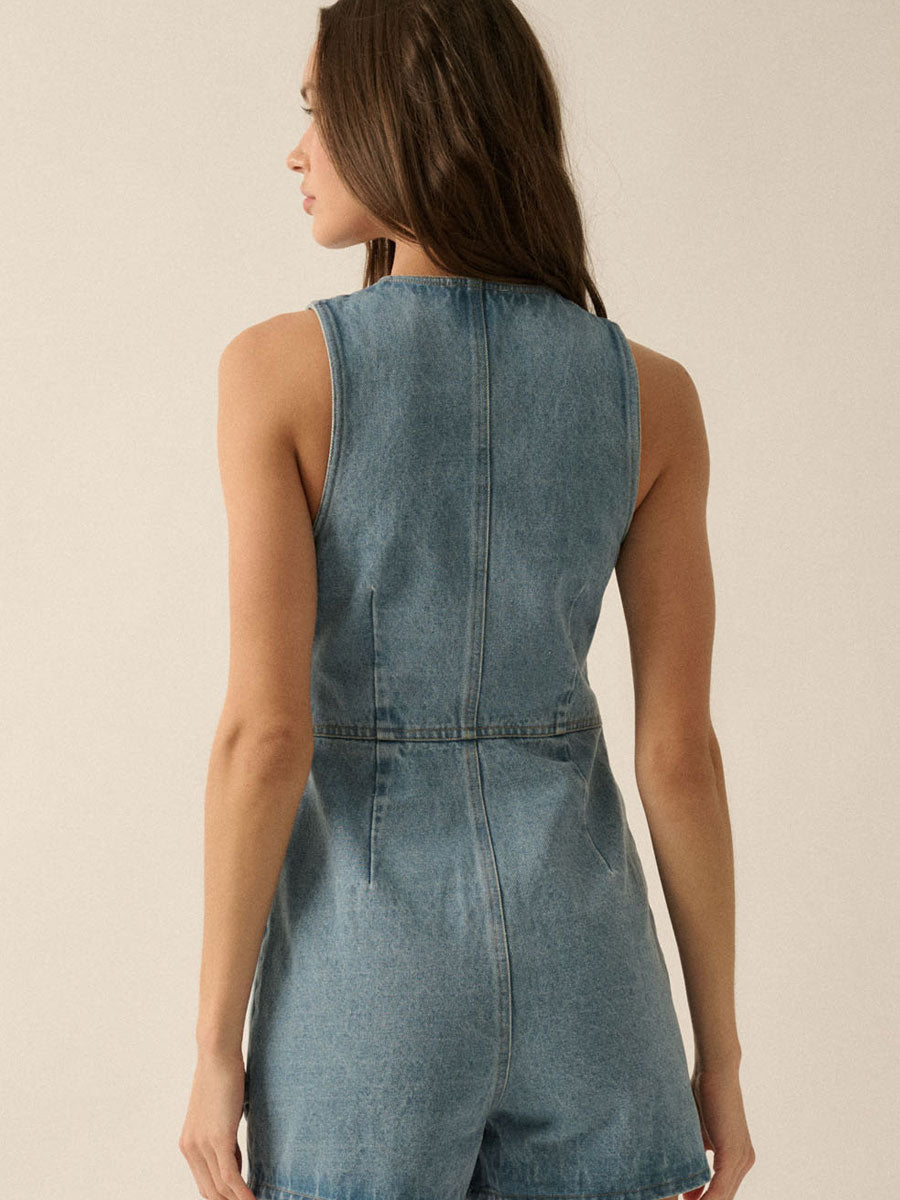 DENIM VEST SLEEVELESS ROMPER Jumpsuits & Rompers -