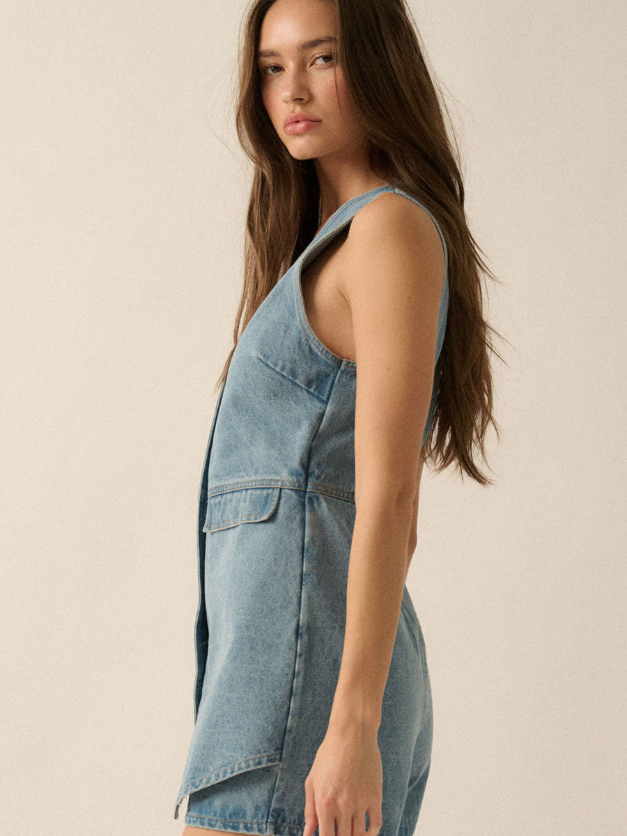 DENIM VEST SLEEVELESS ROMPER Jumpsuits & Rompers -