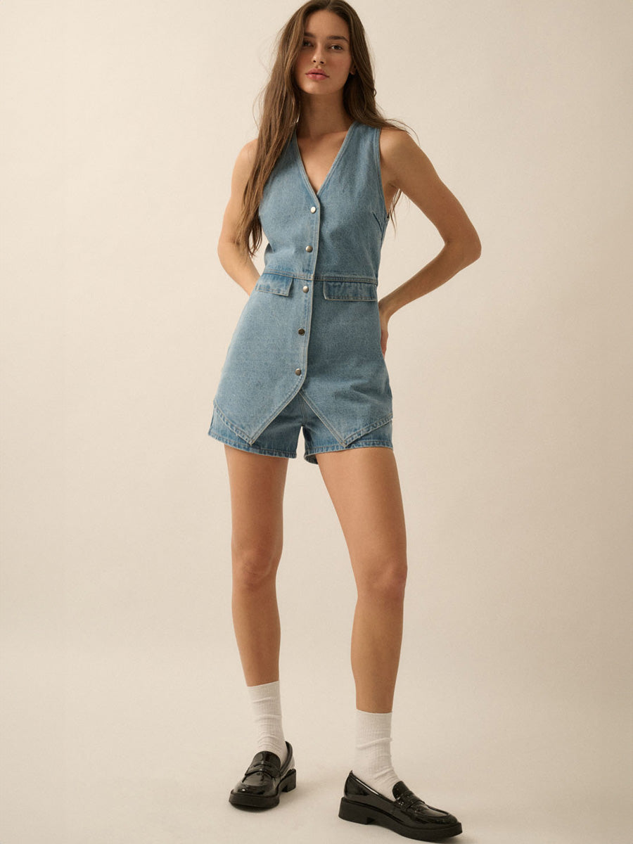 DENIM VEST SLEEVELESS ROMPER Jumpsuits & Rompers -