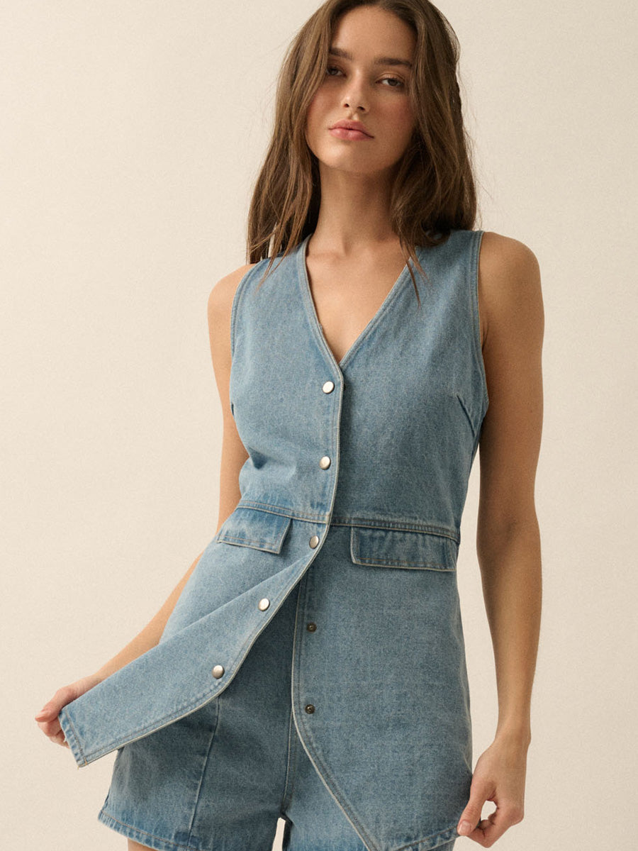 DENIM VEST SLEEVELESS ROMPER Jumpsuits & Rompers -