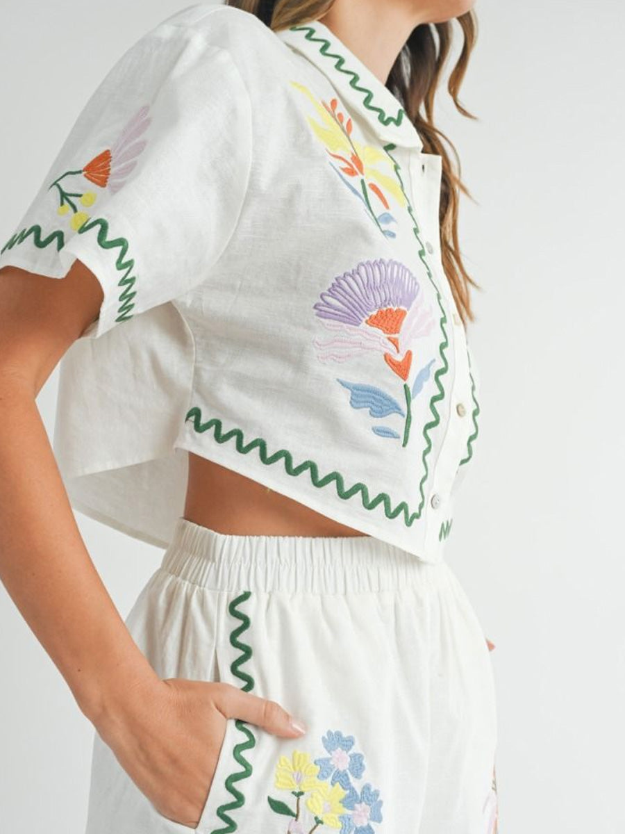 EMBROIDERED CROP BUTTON FRONT TOP - FLORAL SHIRT -