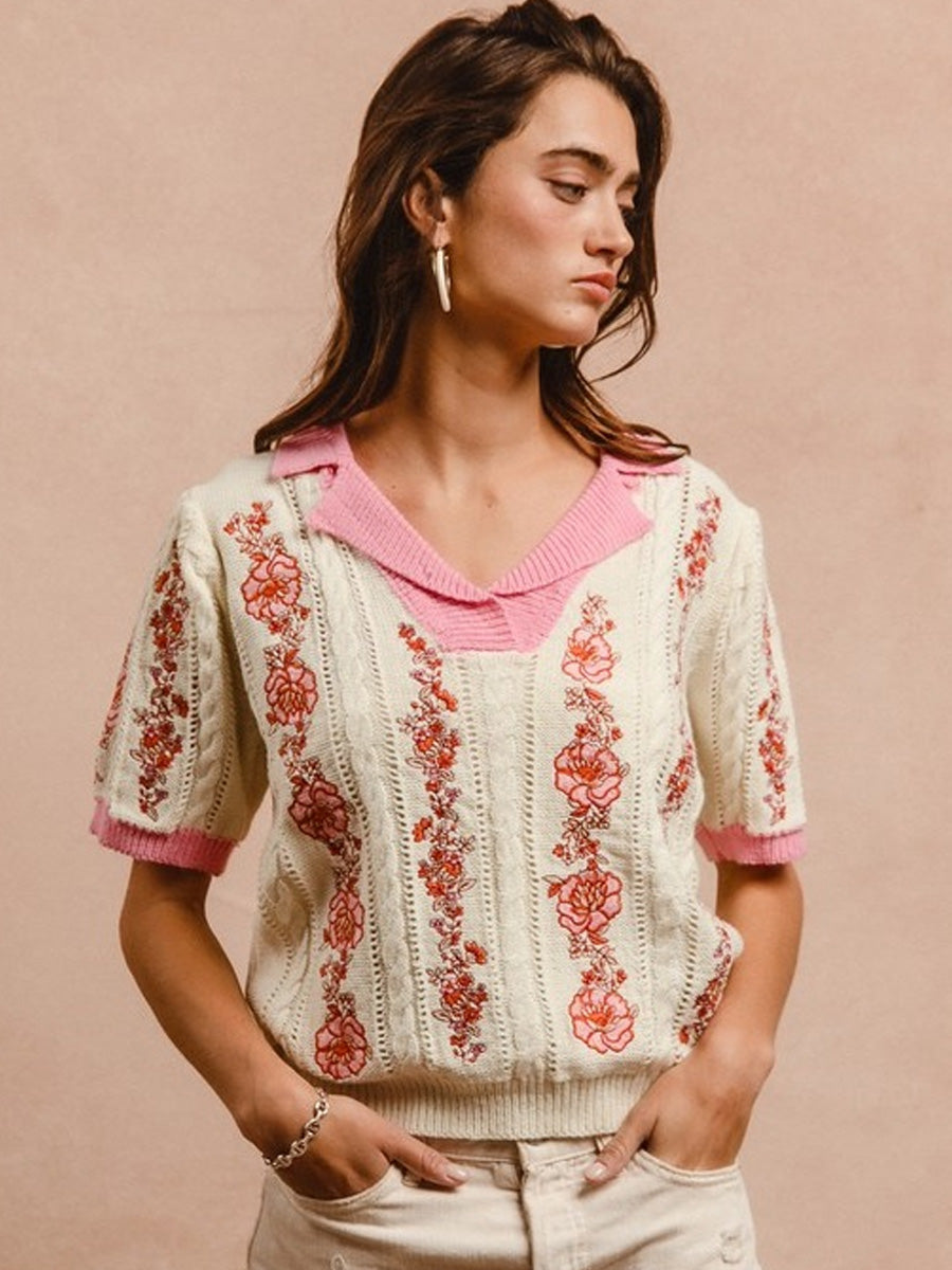 FLORAL EMBROIDERY COLLARED KNIT TOP SHIRT -