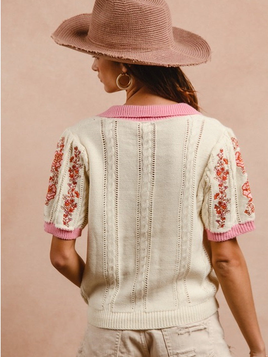 FLORAL EMBROIDERY COLLARED KNIT TOP SHIRT -