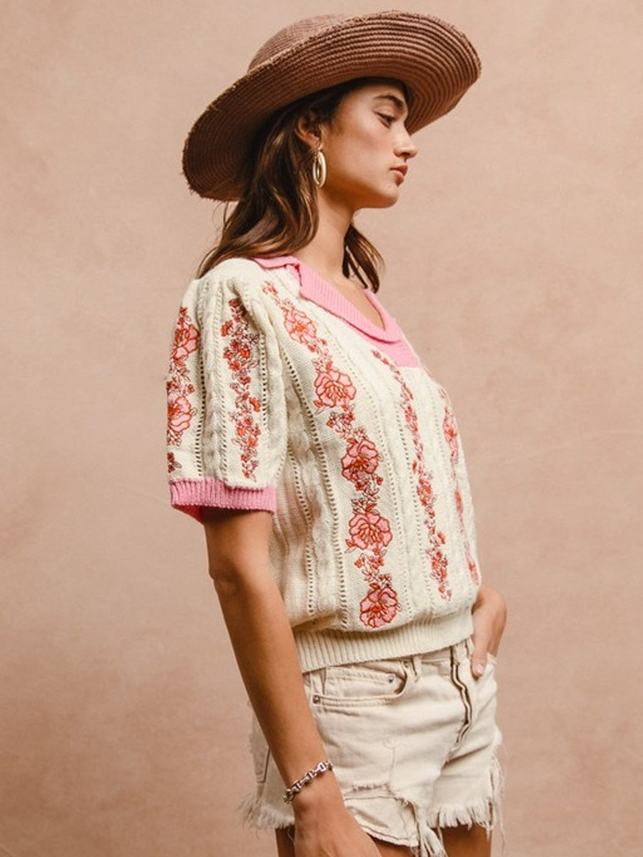 FLORAL EMBROIDERY COLLARED KNIT TOP SHIRT -