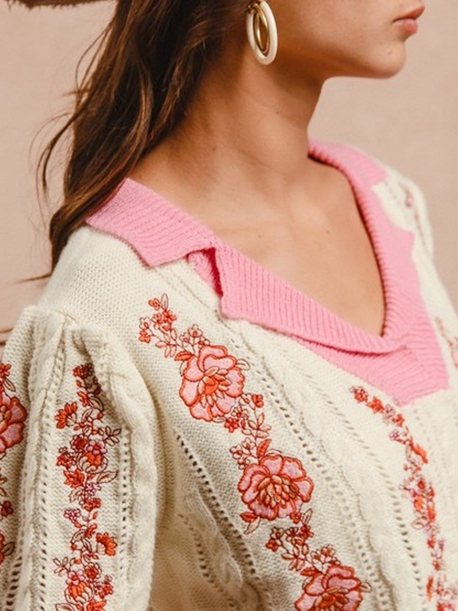 FLORAL EMBROIDERY COLLARED KNIT TOP SHIRT -