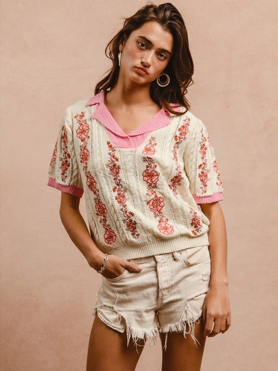 FLORAL EMBROIDERY COLLARED KNIT TOP SHIRT -