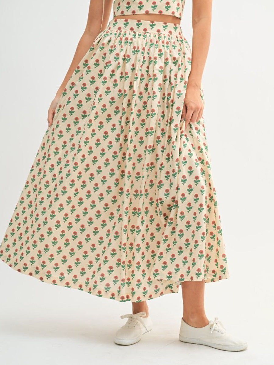 FLORAL PRINTED MIDI SKIRT - CREAM SKIRT -