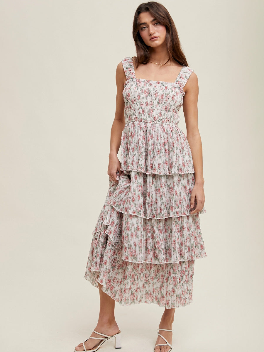 FLORAL TIERED LAYER MIDI DRESS DRESS -