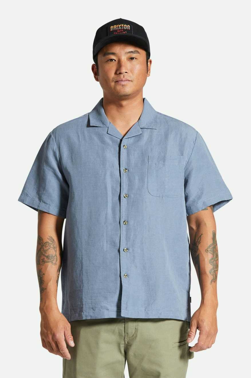 BRIXTON BUNKER LINEN BLEND S/S - FLINT STONE BLUE SHIRT BRIXTON   