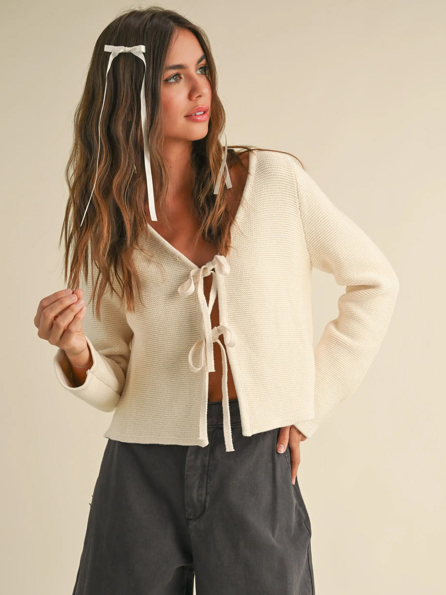 LONG SLEEVE KNITTED TIE CARDIGAN - CREAM DRESS -   