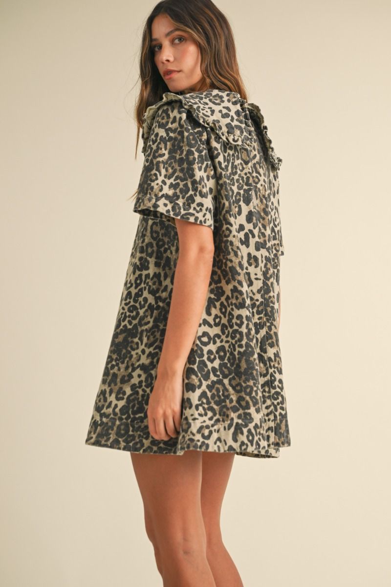 LEOPARD PRINTED COLLARED MINI DRESS DRESS -   