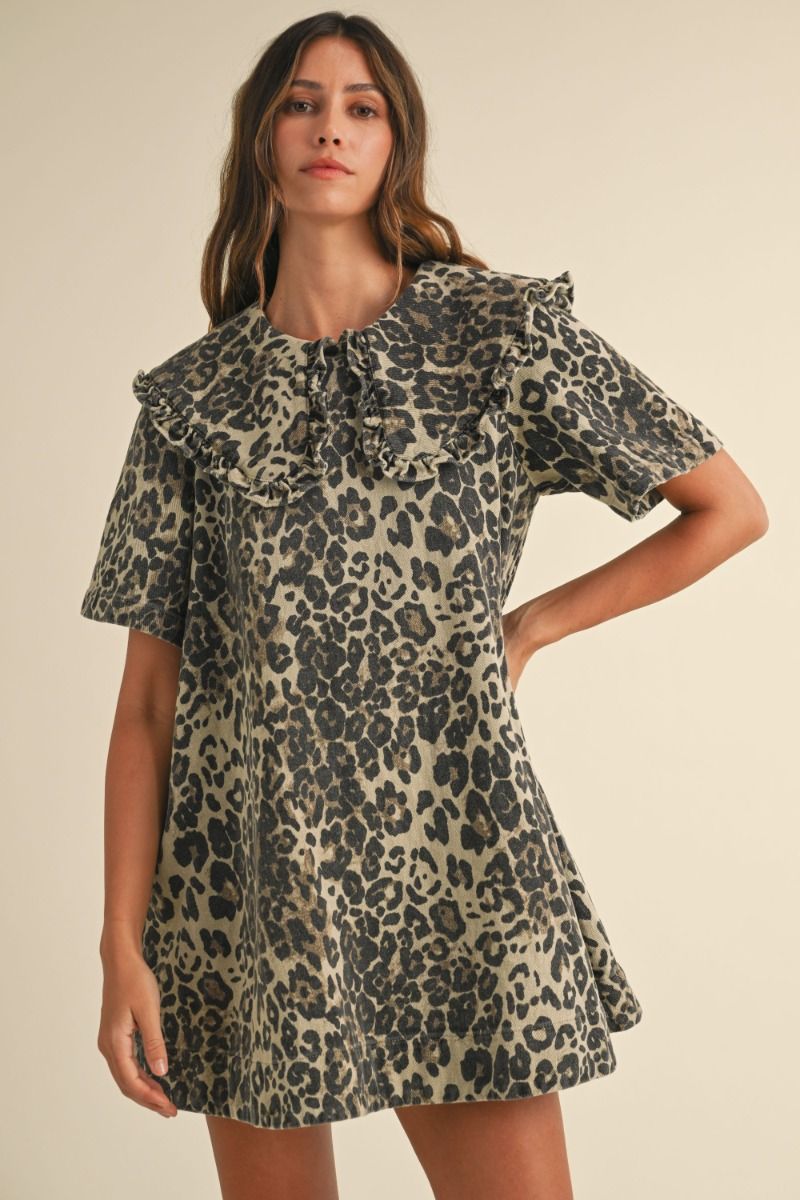 LEOPARD PRINTED COLLARED MINI DRESS DRESS -   