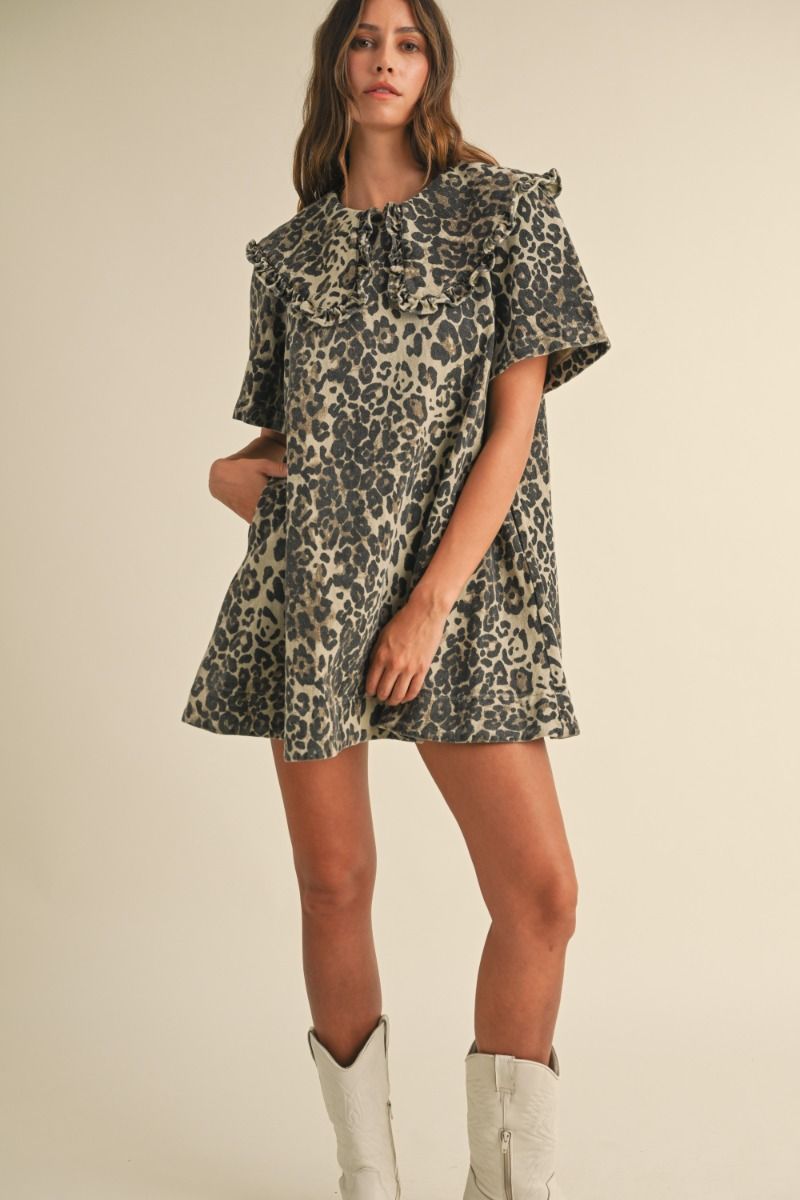 LEOPARD PRINTED COLLARED MINI DRESS DRESS -   