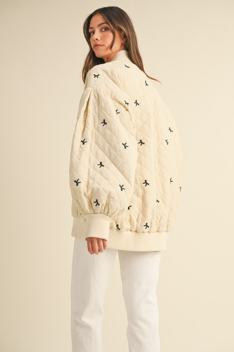 BOW PRINT QUILTED OVERSIZED BOMBER JACKET JACKET -   