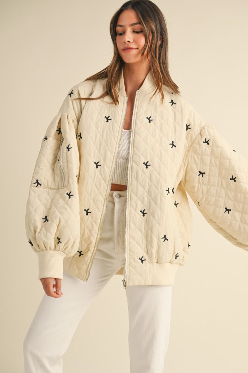 BOW PRINT QUILTED OVERSIZED BOMBER JACKET JACKET -   