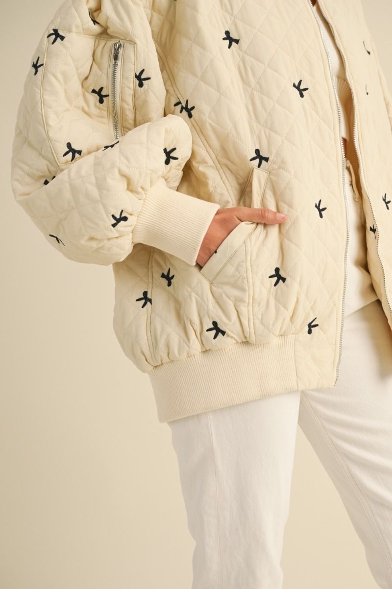 BOW PRINT QUILTED OVERSIZED BOMBER JACKET JACKET -   