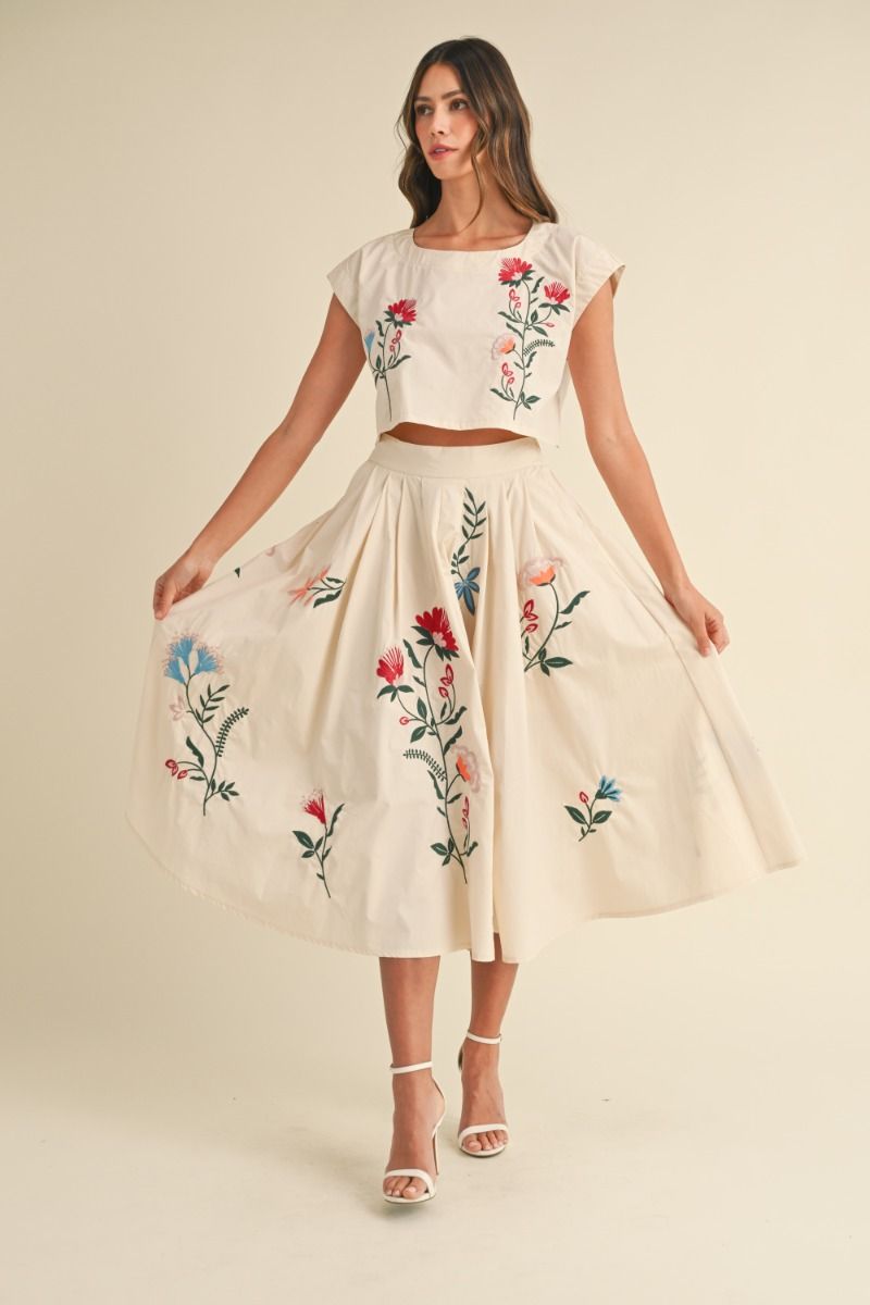 EMBROIDERED FLORAL MIDI SKIRT - CREAM SKIRT -   