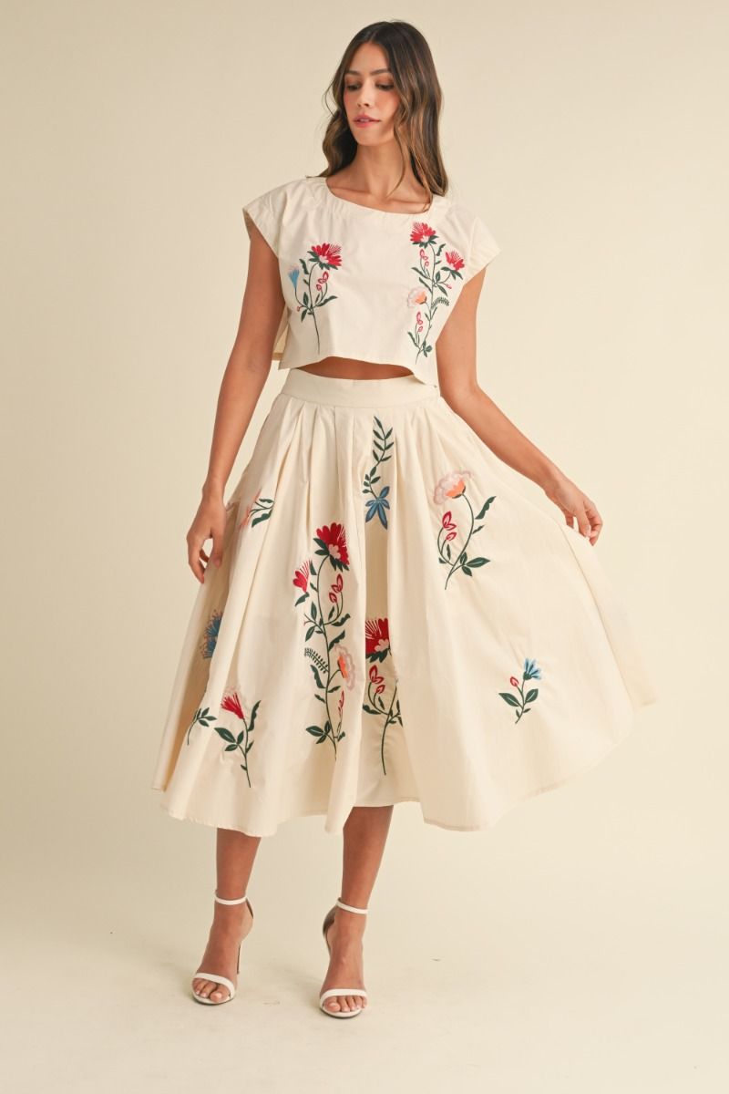 EMBROIDERED FLORAL MIDI SKIRT - CREAM SKIRT -   