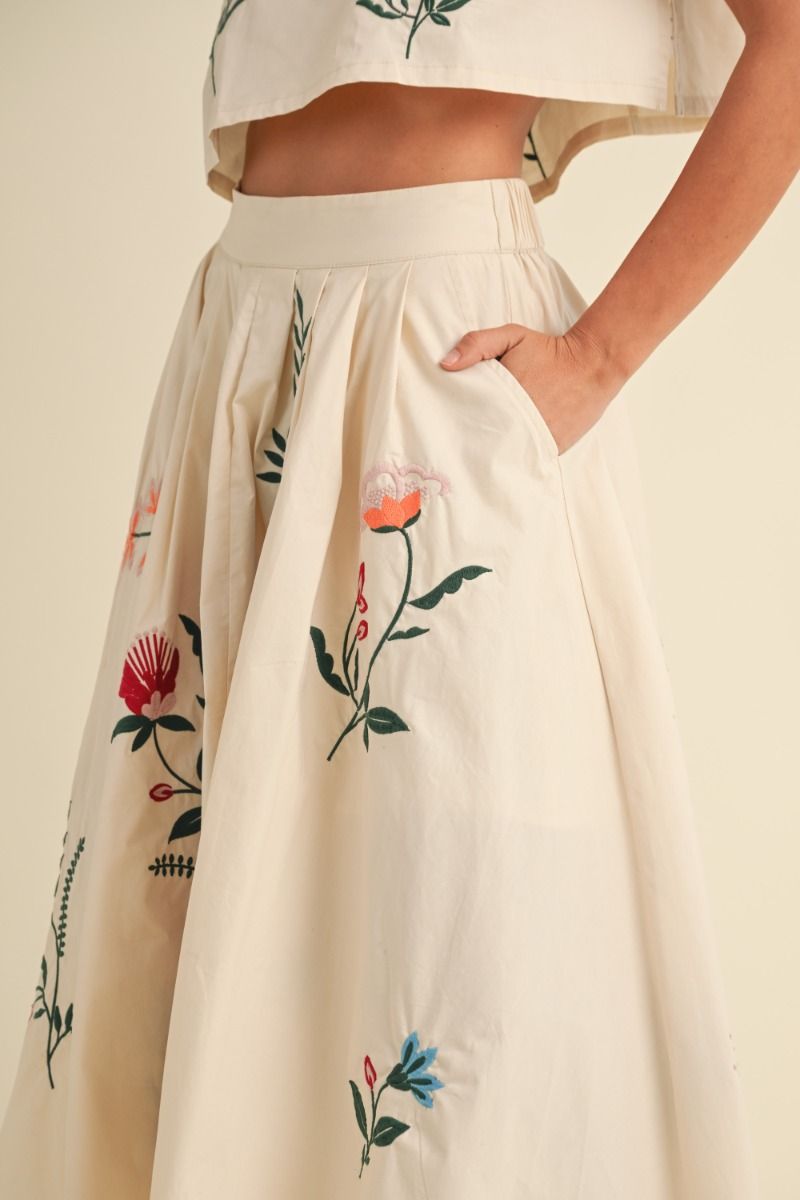 EMBROIDERED FLORAL MIDI SKIRT - CREAM SKIRT -   