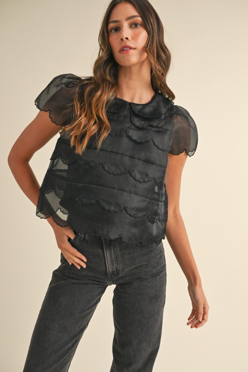 SHEER SCALLOPED TOP - BLACK SHIRT -   