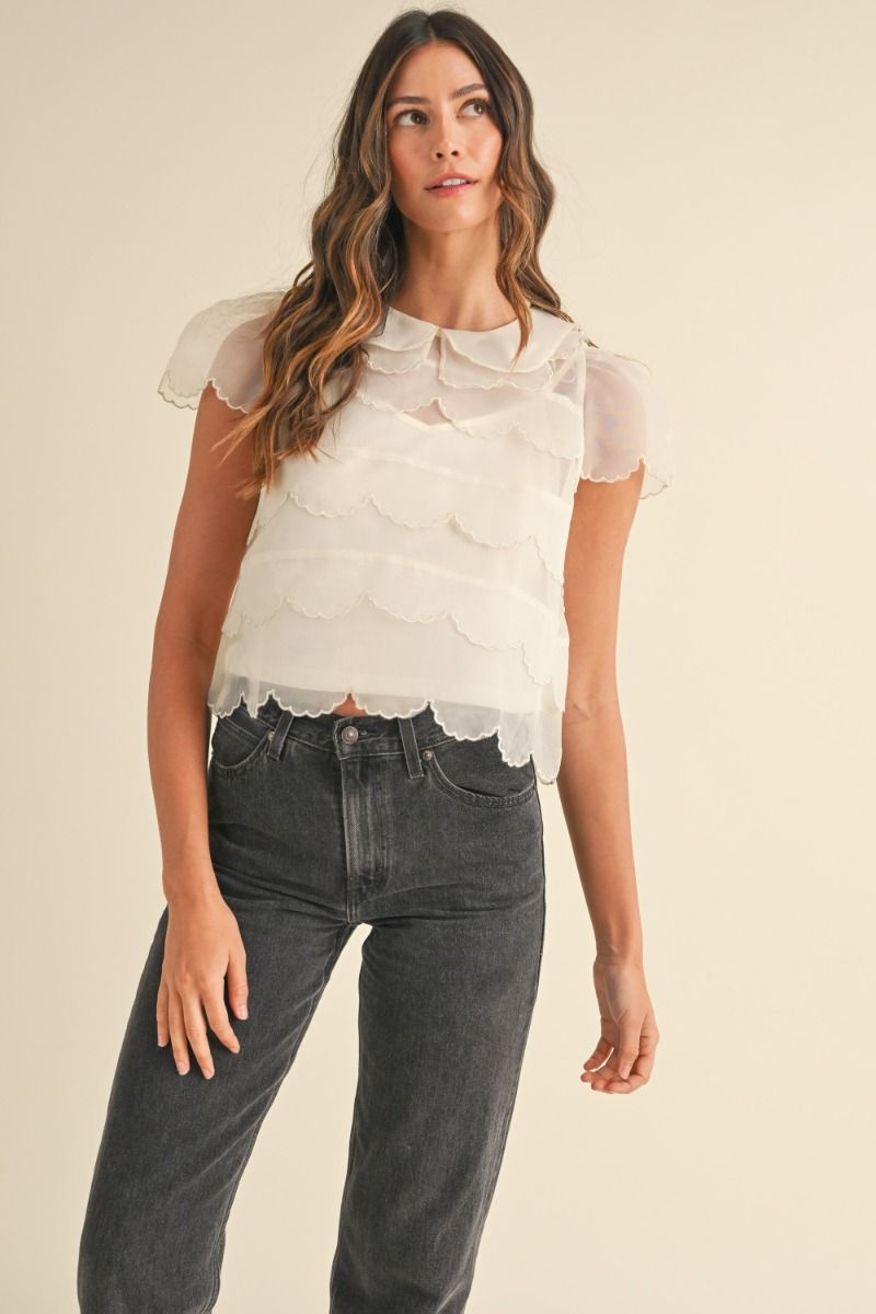 SHEER SCALLOPED TOP - CREAM SHIRT -   