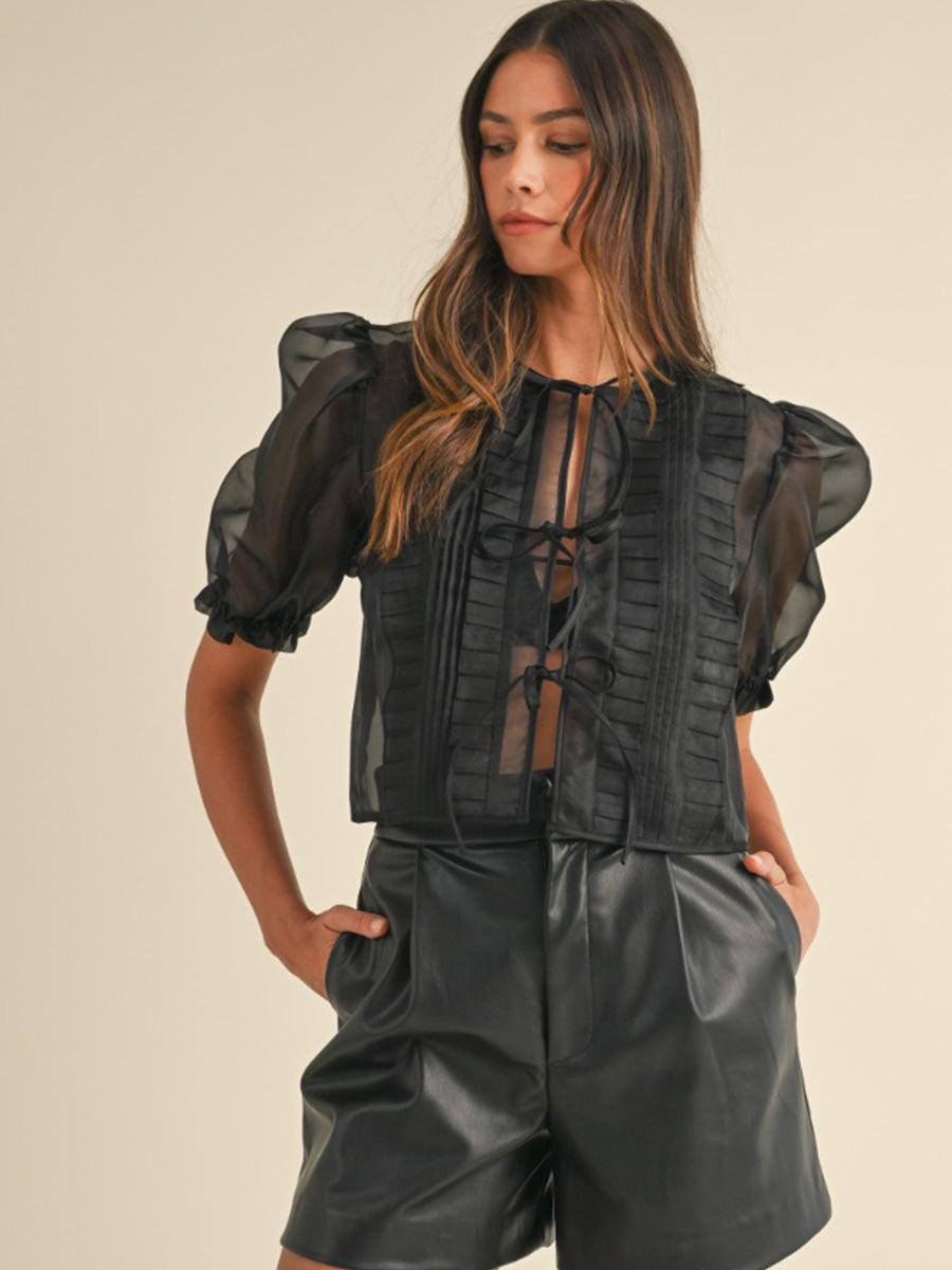 SHEER ORGANZA PUFF SLEEVE TOP - BLACK SHIRT -   