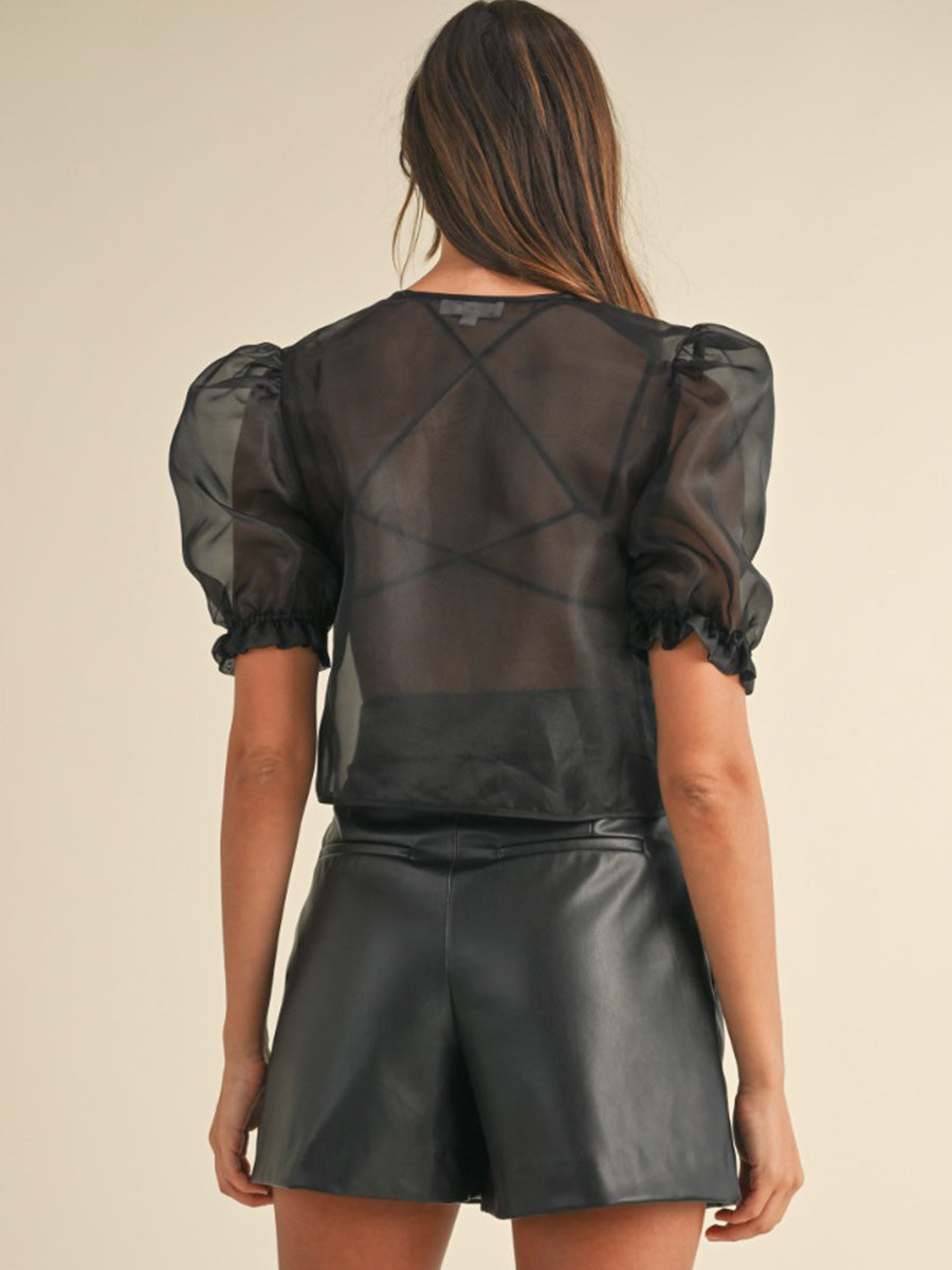 SHEER ORGANZA PUFF SLEEVE TOP - BLACK SHIRT -   