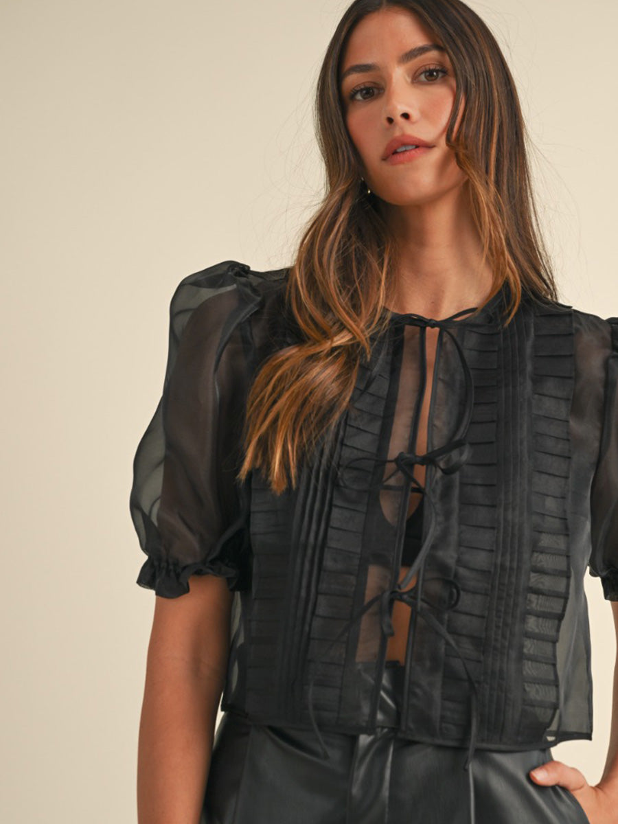 SHEER ORGANZA PUFF SLEEVE TOP - BLACK SHIRT -   