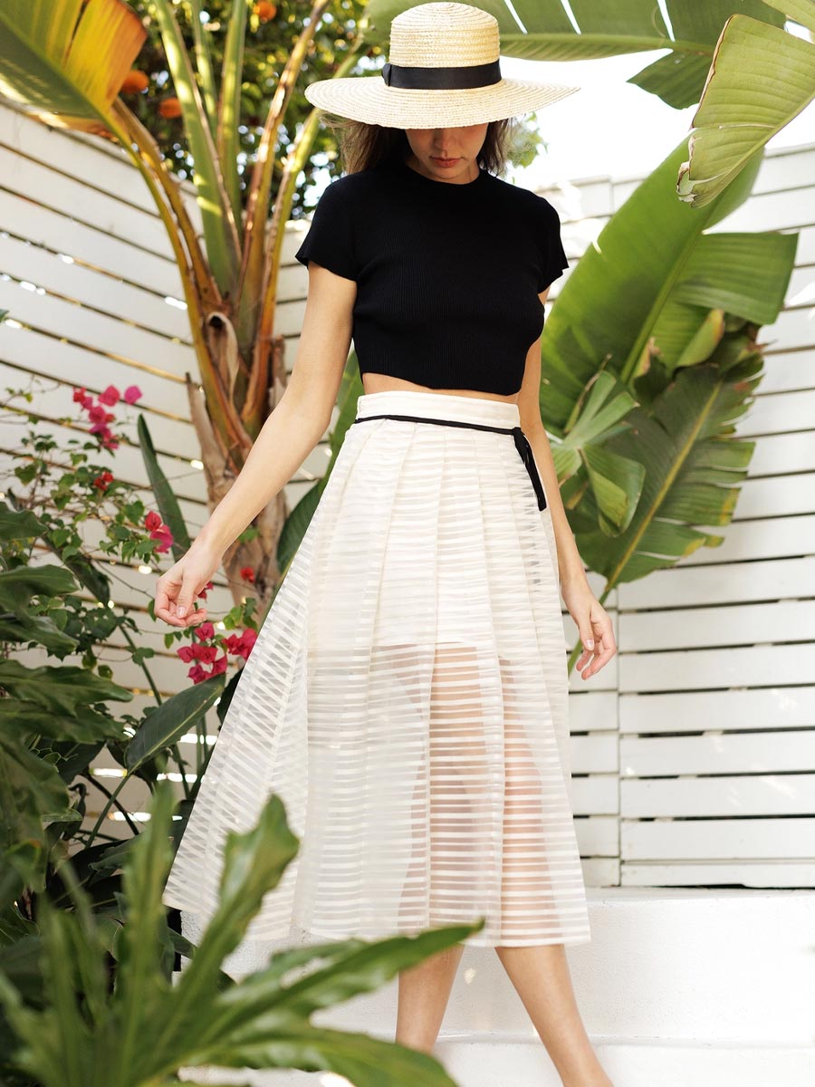 PLEATED SHEER MIDI SKIRT - CREAM SKIRT -