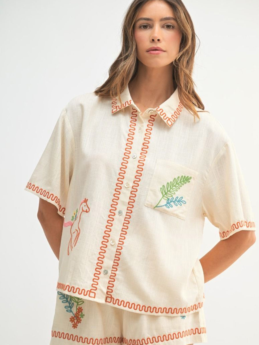 PONY EMBROIDERED BUTTON UP TOP - TAUPE SHIRT -