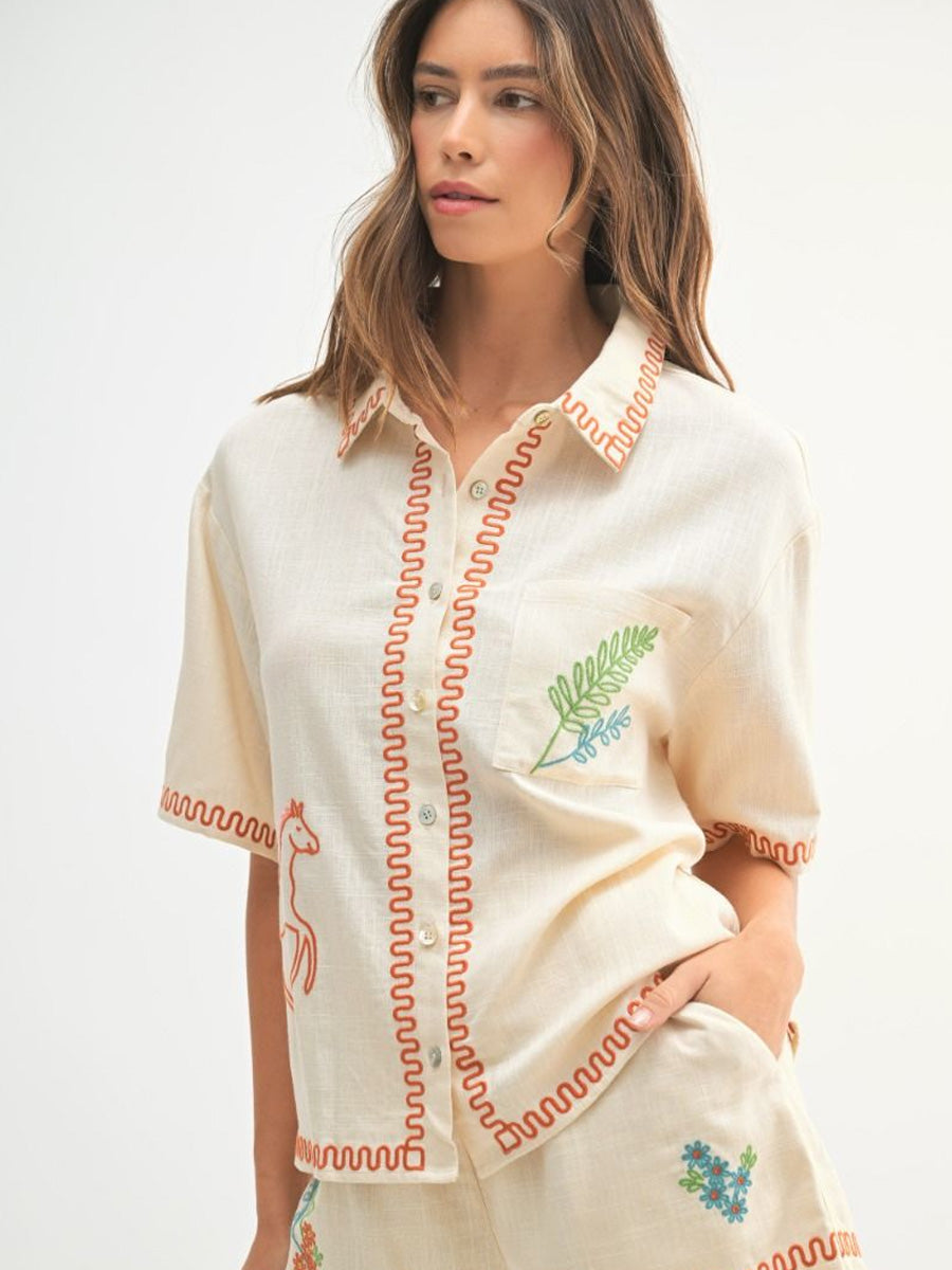 PONY EMBROIDERED BUTTON UP TOP - TAUPE SHIRT -