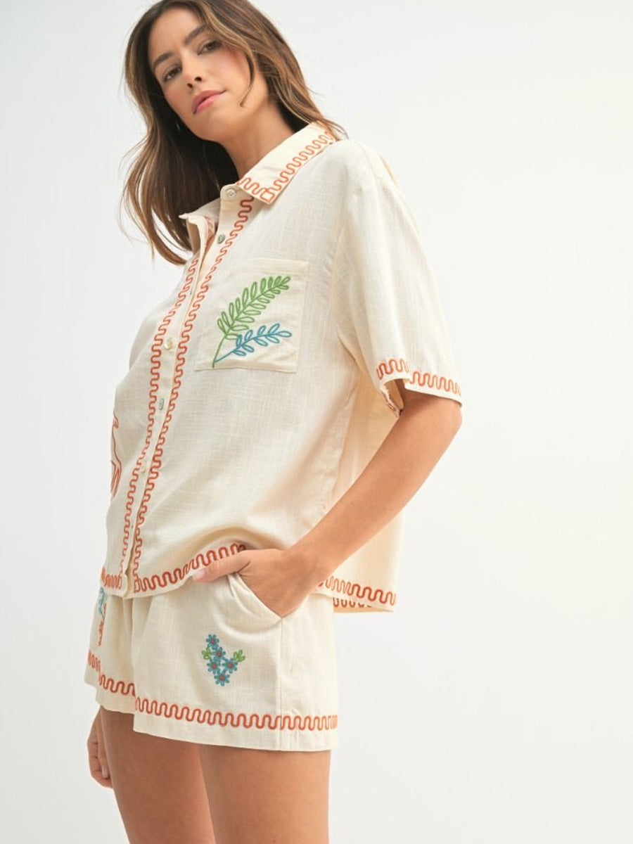 PONY EMBROIDERED BUTTON UP TOP - TAUPE SHIRT -