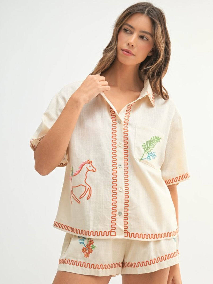 PONY EMBROIDERED BUTTON UP TOP - TAUPE SHIRT -