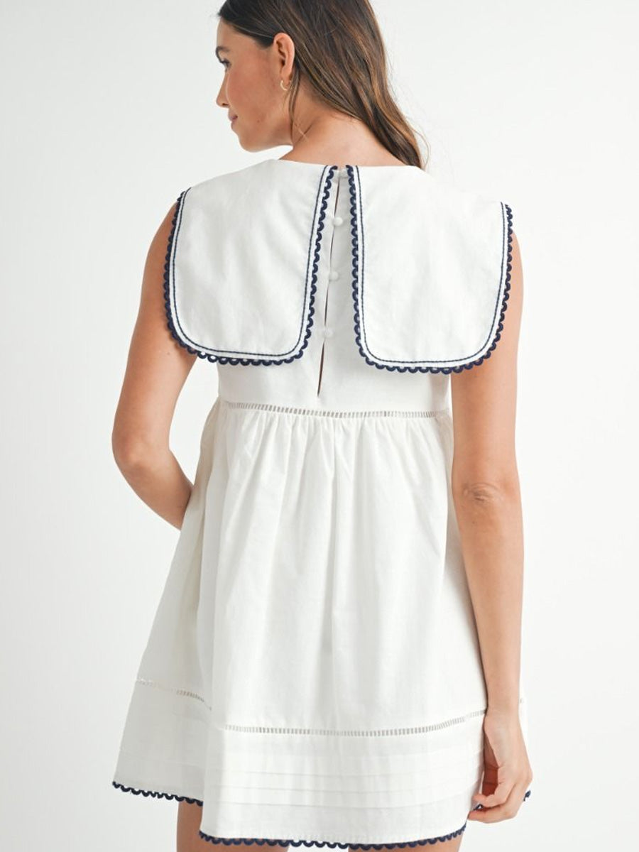 EMBROIDERED SAILOR COLLAR DRESS - WHITE DRESS -