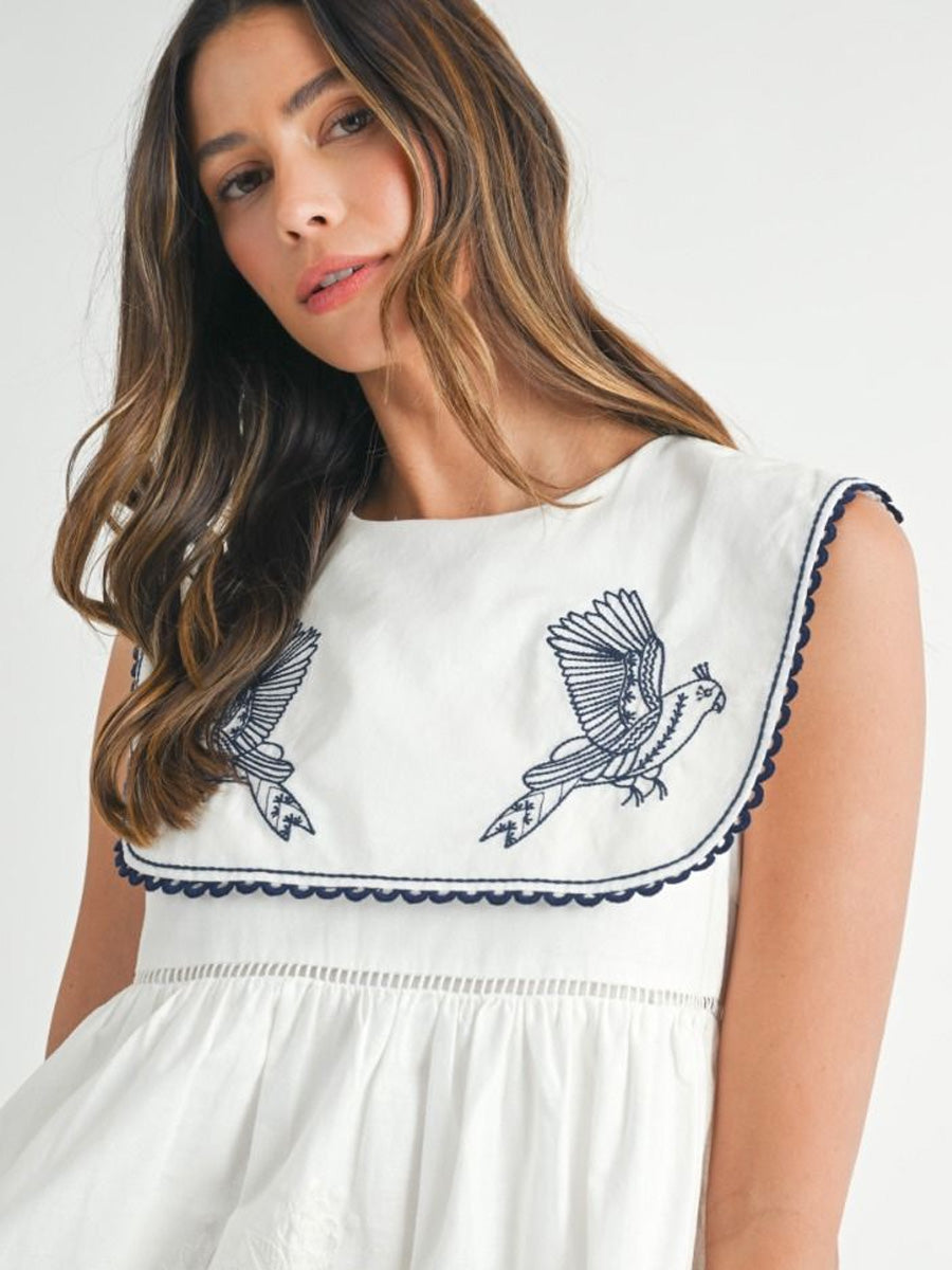 EMBROIDERED SAILOR COLLAR DRESS - WHITE DRESS -