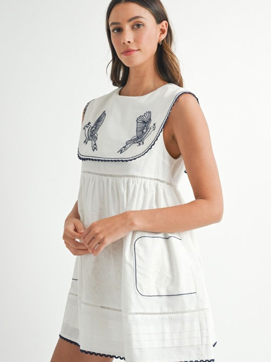 EMBROIDERED SAILOR COLLAR DRESS - WHITE DRESS -