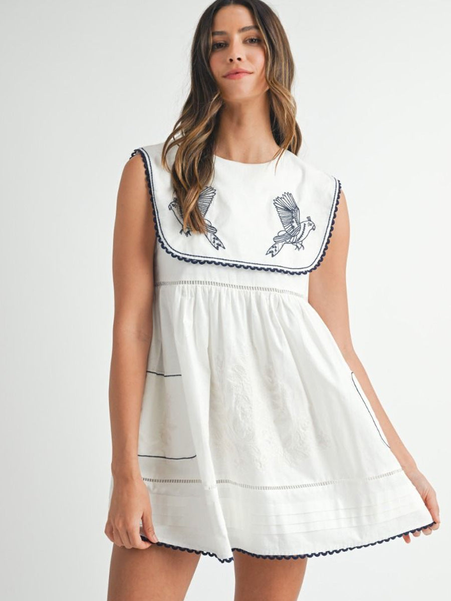 EMBROIDERED SAILOR COLLAR DRESS - WHITE DRESS -