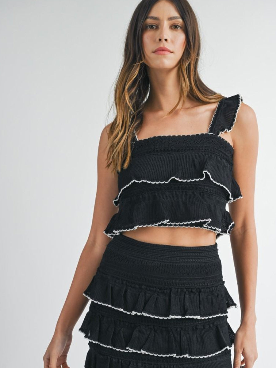 TIERED RUFFLED KNIT TOP - BLACK/WHITE TOP -