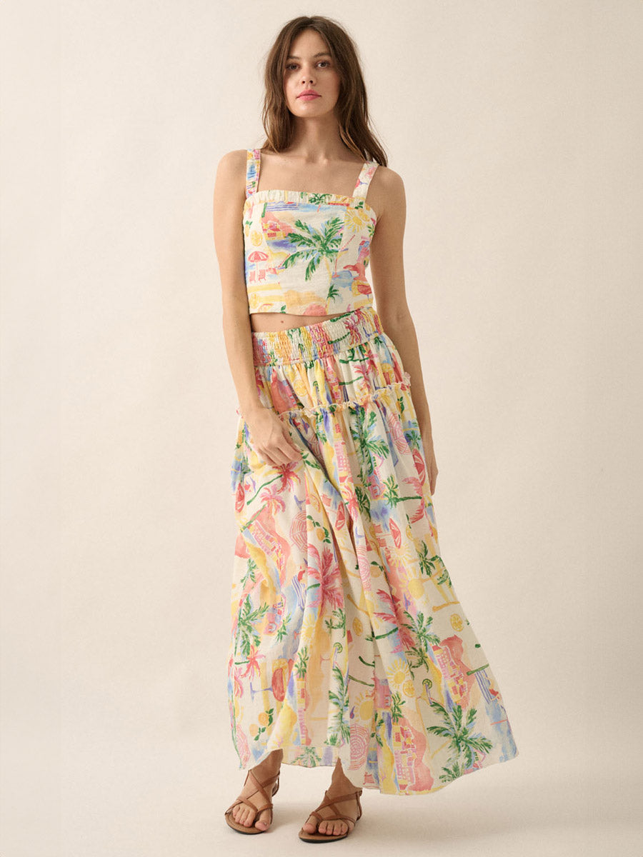 TROPICAL SMOCKED MAXI SKIRT SKIRT -