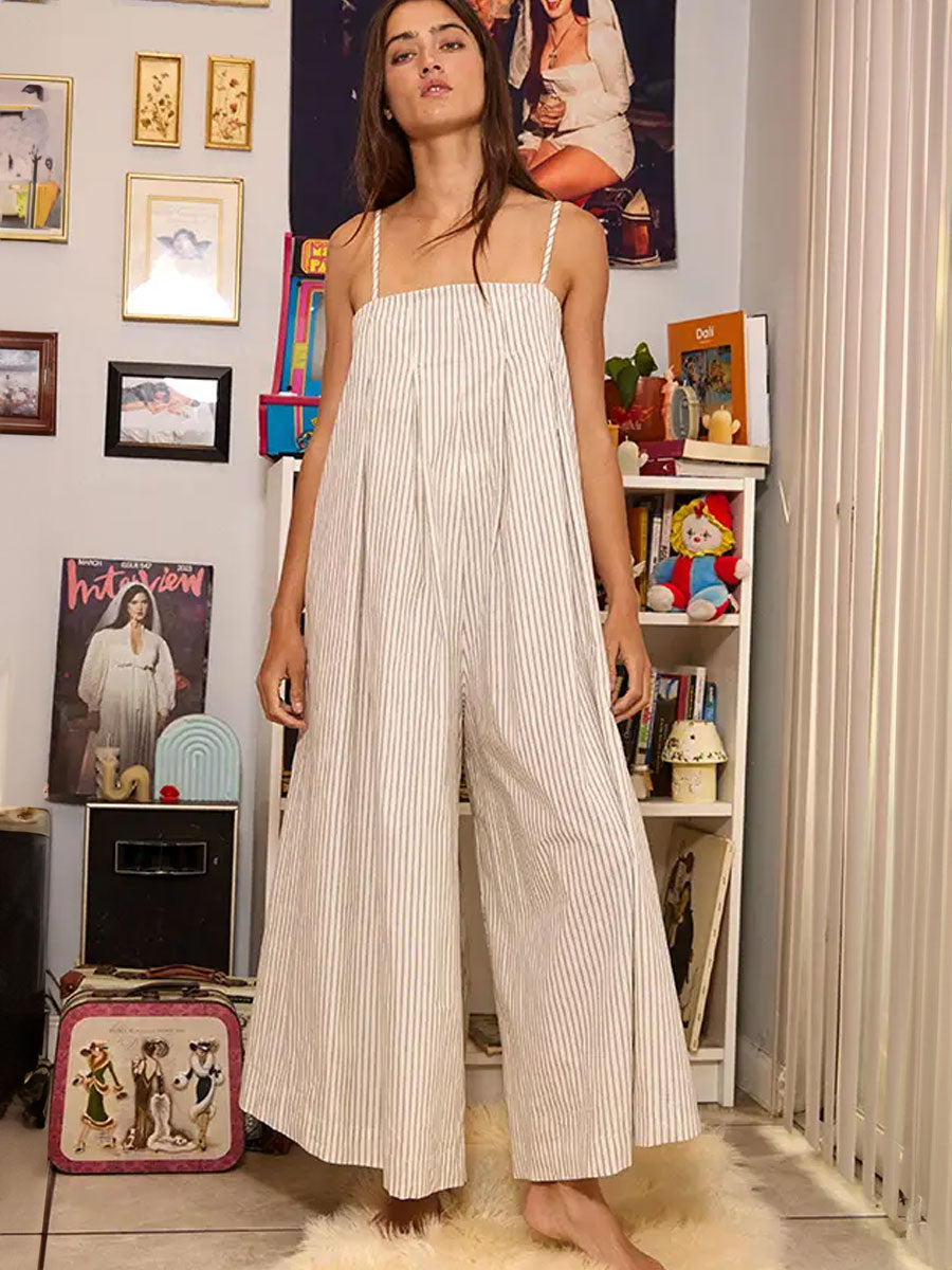 PLEAT JUMPSUIT STRIPE WIDE LEG - IVORY JUMPSUIT -